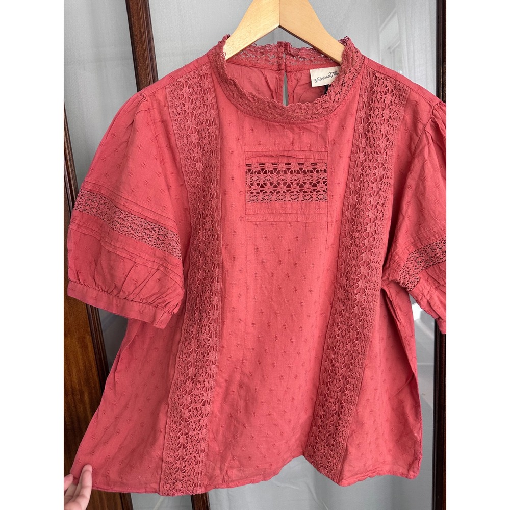Universal Thread Coral Pink Lace Dobby Cotton Blouse XXL Mock Neck Puff Sleeve - Picture 3 of 7